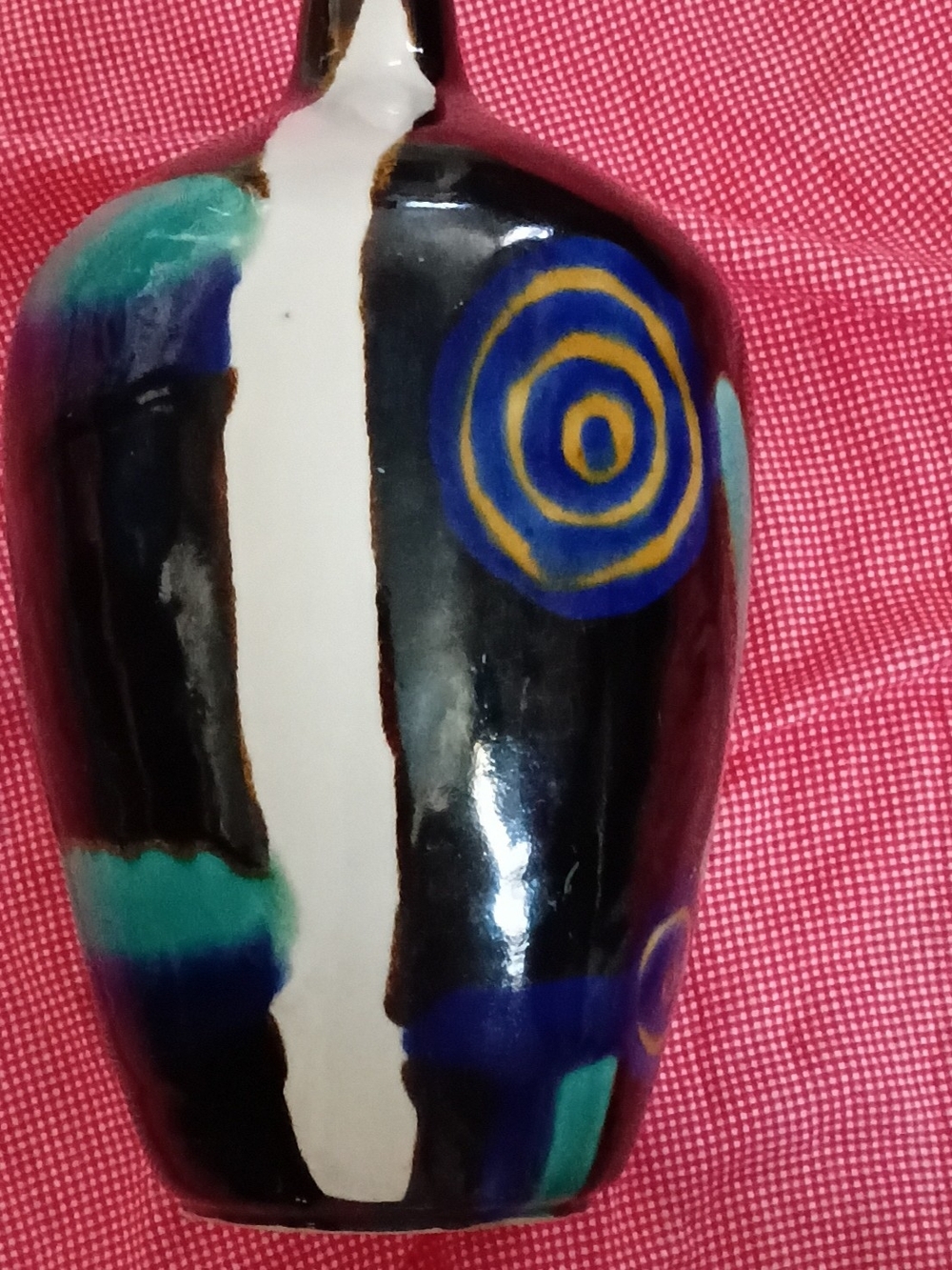 Modern Black Ceramic Vase with Blue, Teal and Yellow Accents
